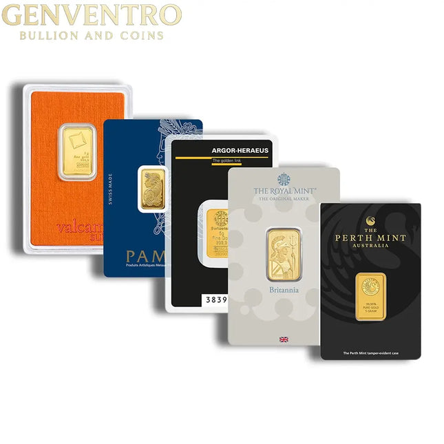 5 gram Gold Bar - Brand Varies (Carded) Genventro Bullion and Coins