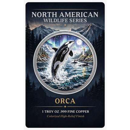 north american wildlife orca uhr colorized 1 oz copper medal in card (05/28) active offers, copper bullion, art bars/rounds, animal theme