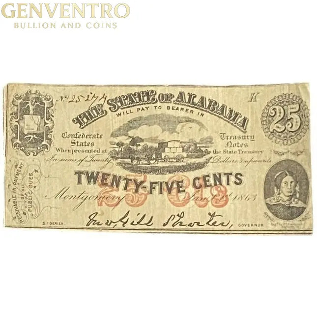 1863 25C Confederate State of Alabama Fractional Currency No Tears Genventro Bullion and Coins