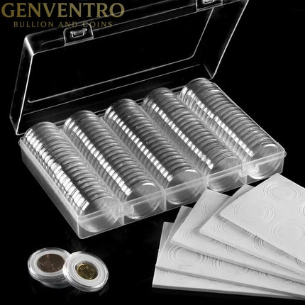 100 Pieces Case Holder for Collectors 30mm Silver Gold Bar Plastic Rounds Coins Capsules Covers with Storage Organizer Box for Copper Pesos Quarters Pennies Dimes Collection Supplies GOLD TESTING EQUIPMENT
