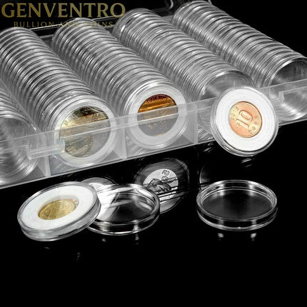 100 Pieces Case Holder for Collectors 30mm Silver Gold Bar Plastic Rounds Coins Capsules Covers with Storage Organizer Box for Copper Pesos Quarters Pennies Dimes Collection Supplies GOLD TESTING EQUIPMENT