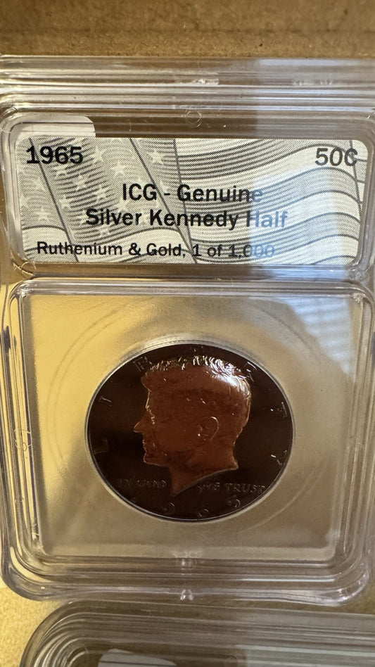 1965 ICG-Genuine Cert .999 Silver Kennedy Half Dollar Ruthenium & Gold 1 of 1000 Minted