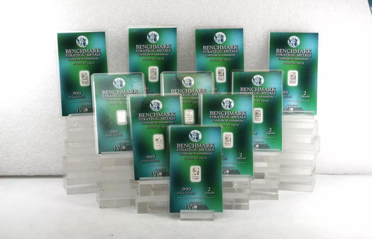 5x PURE SILVER - 2 Grain SILVER BAR .999 PURE - BENCHMARK BULLION w CERT CARD