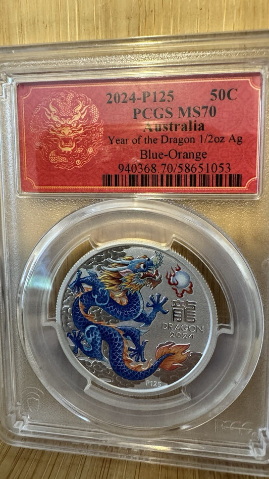 2024 P125 50C - PCGS MS70 - AUSTRALIA YEAR OF THE DRAGON - Blue / Orange 1/2 OZ