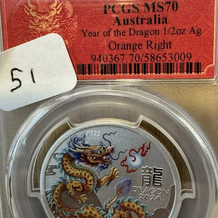 2024 P125 50C - PCGS MS70 - AUSTRALIA YEAR OF THE DRAGON - Orange Right - 1/2 OZ Genventro