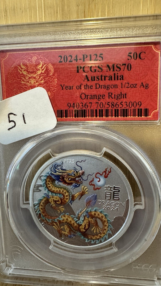 2024 P125 50C - PCGS MS70 - AUSTRALIA YEAR OF THE DRAGON - Orange Right - 1/2 OZ