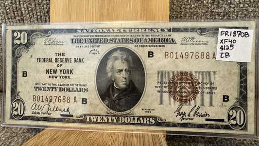 1929 National Currency $20 Federal Reserve Bank of New York Note - Graded XF40