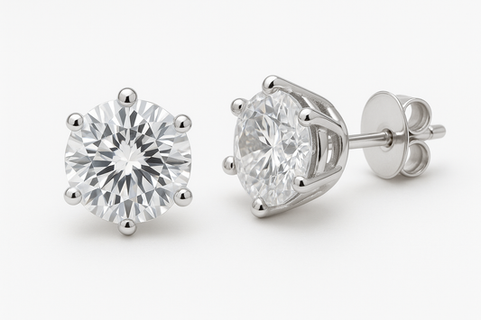 White Gold Finish Sterling Silver Cubic Zirconia 8mm Stud Earrings with 6 clasp prong